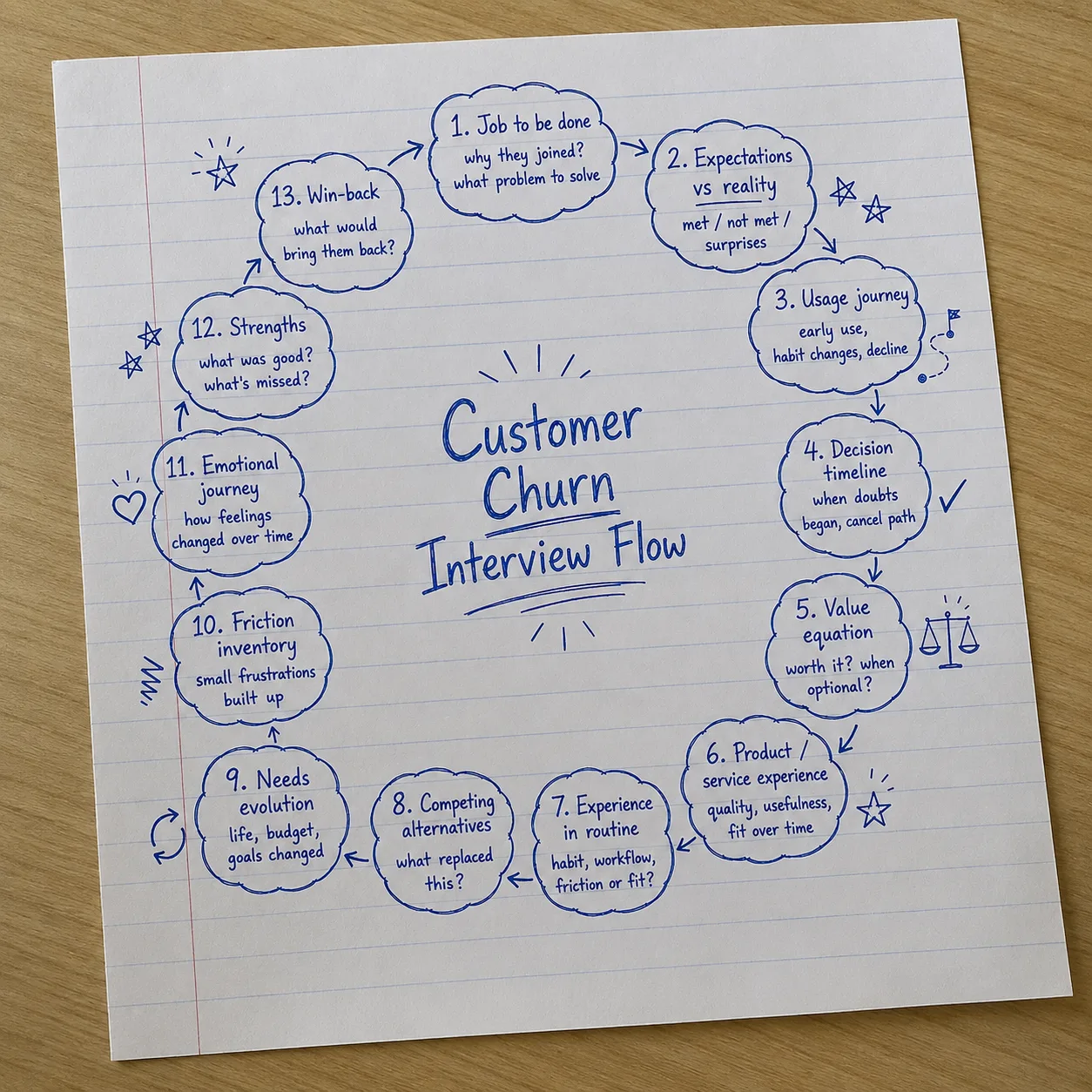 Follow this flow when interviewing churned customers